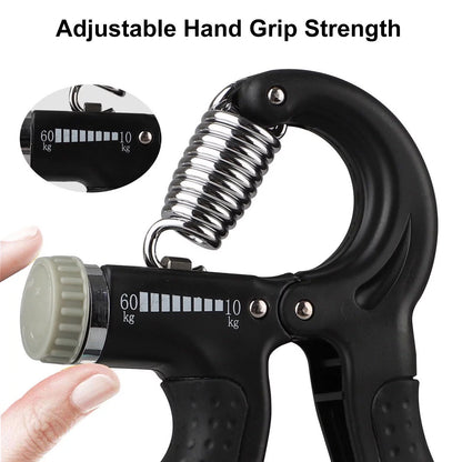 Black Fitness Essentials hand grip strengthener with adjustable resistance for forearm and finger training.