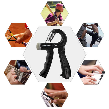 Black Fitness Essentials hand grip strengthener with adjustable resistance for forearm and finger training.