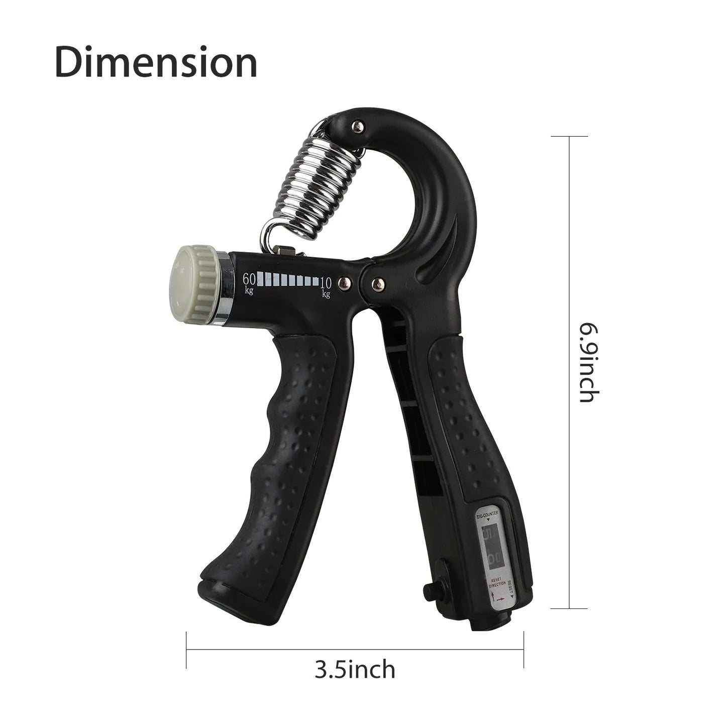 Black Fitness Essentials hand grip strengthener with adjustable resistance for forearm and finger training.