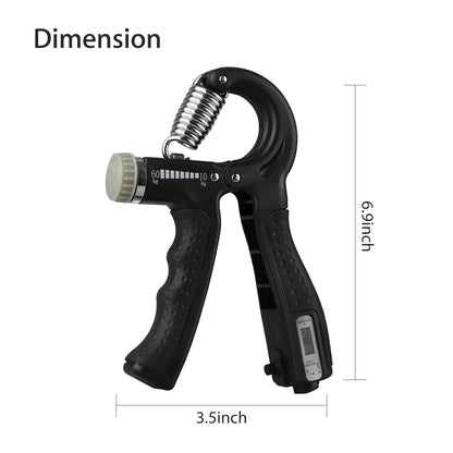 Black Fitness Essentials hand grip strengthener with adjustable resistance for forearm and finger training.
