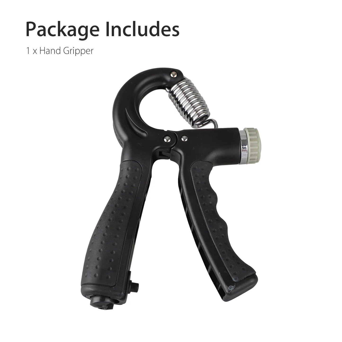 Black hand grip strengthener with adjustable resistance for forearm and finger training, from Fitness Essentials.