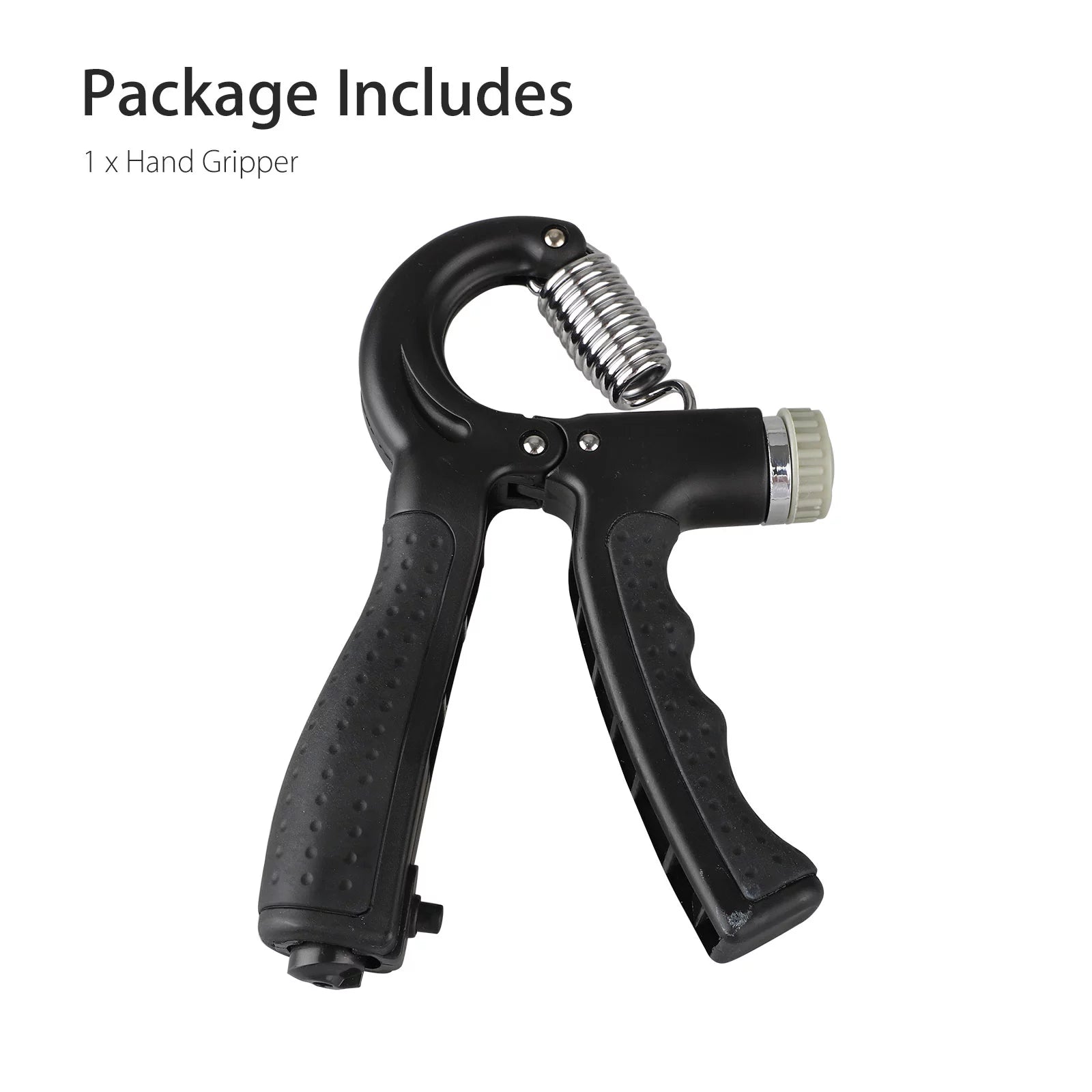 Black hand grip strengthener with adjustable resistance for forearm and finger training, from Fitness Essentials.