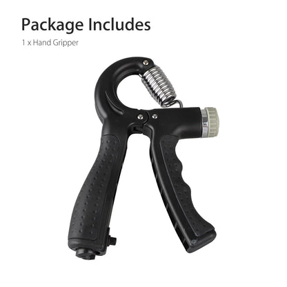 Black hand grip strengthener with adjustable resistance for forearm and finger training, from Fitness Essentials.