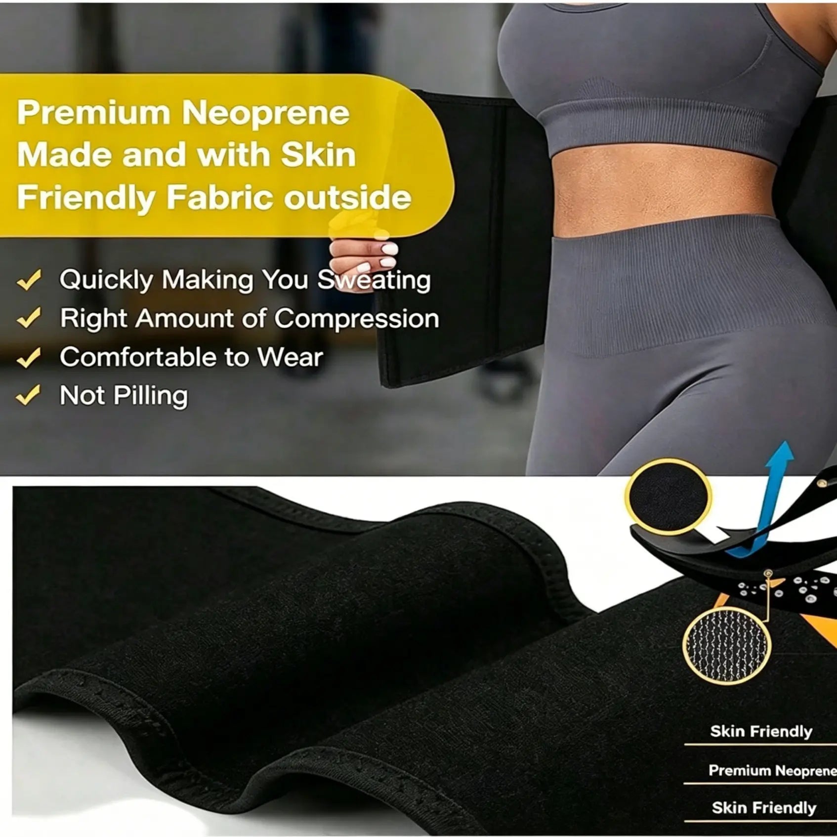 Black women's sport waist belt from Fitness Essentials, abdominal support strap for yoga, running, and fitness training.