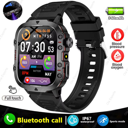Fitness Essentials men's smartwatch with flashlight, Bluetooth call, fitness tracking, IP68 waterproof, compatible with Android and iOS.