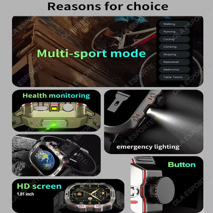 Fitness Essentials men's smartwatch with flashlight, Bluetooth call, fitness tracking, waterproof IP68, compatible with Android and iOS.