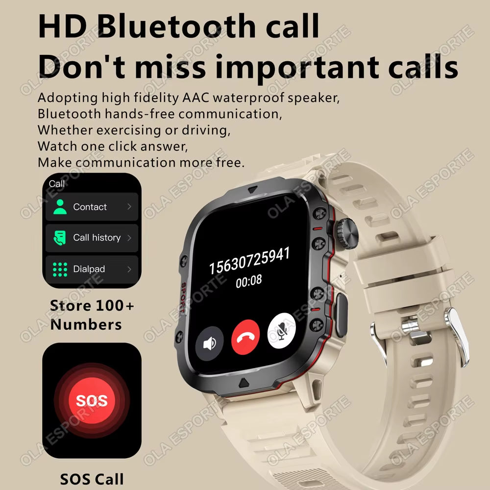 Fitness Essentials men's smartwatch with flashlight, Bluetooth call, IP68 waterproof design, fitness tracking, compatible with Android and iOS.