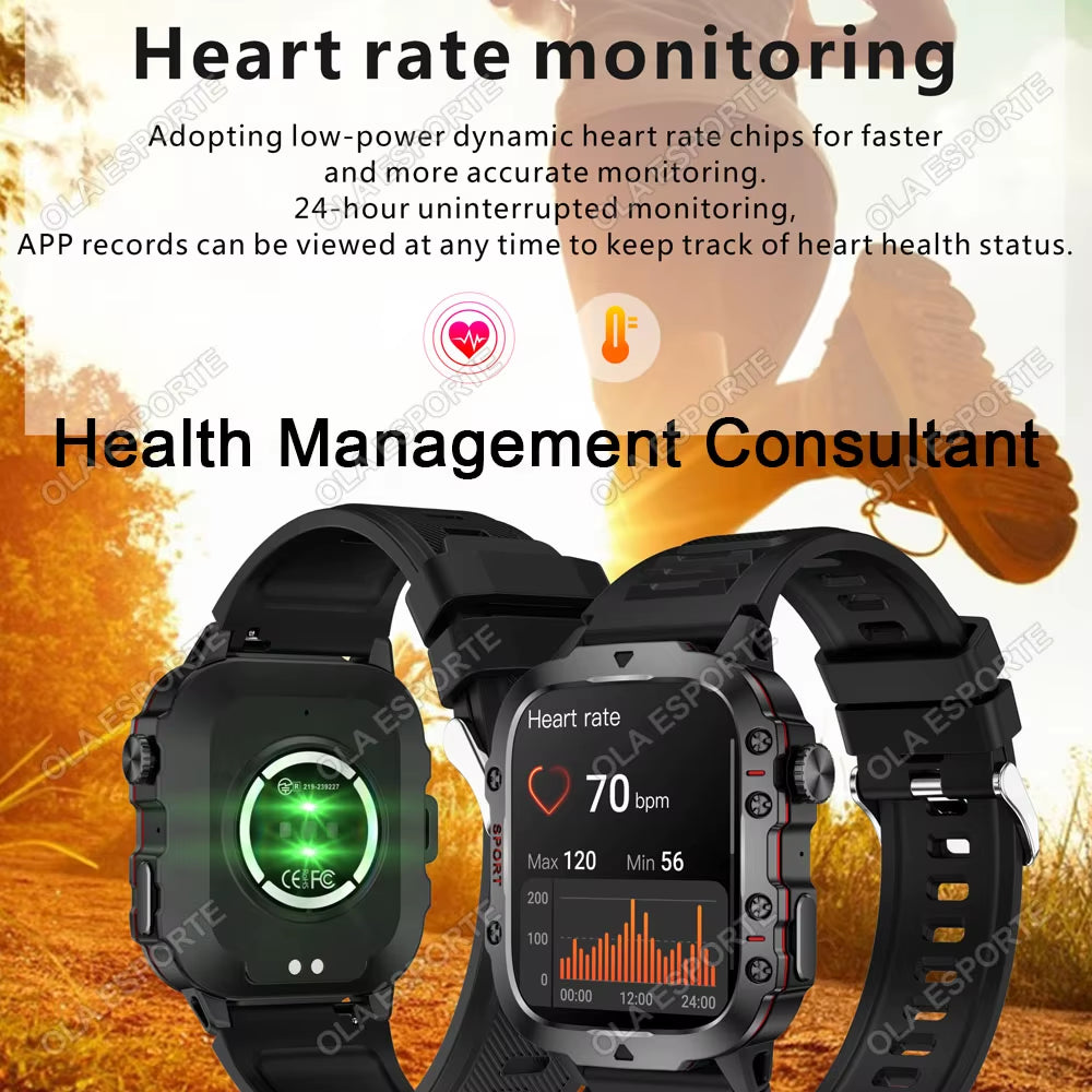 Black men's fitness smartwatch with flashlight, Bluetooth call, IP68 waterproof design, suitable for Android and iOS.