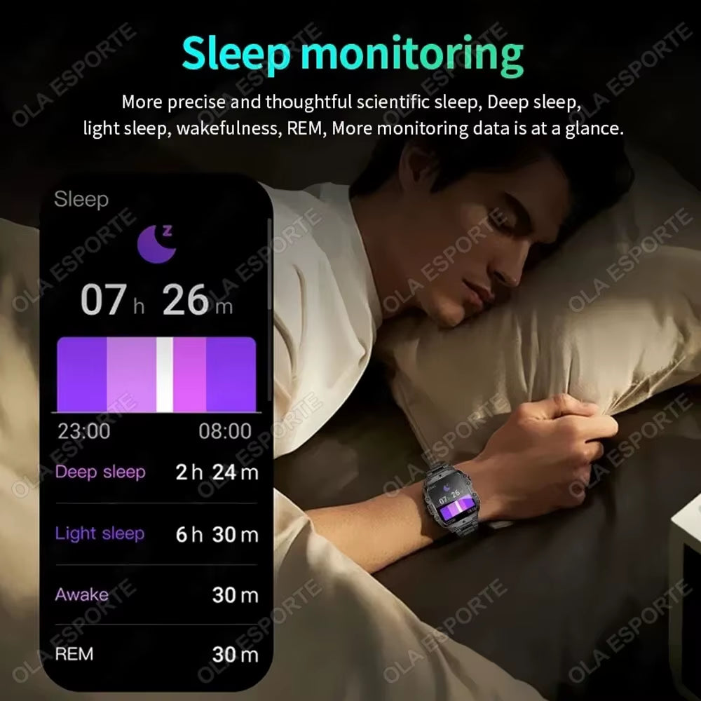 Black Fitness Essentials men's smartwatch with flashlight, Bluetooth call, fitness tracking, IP68 waterproof, suitable for Android and iOS.