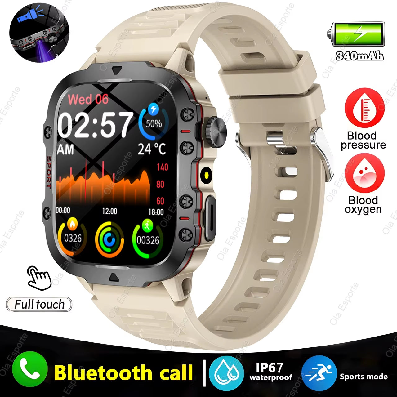 Black men's smartwatch by Fitness Essentials with flashlight, Bluetooth call, fitness tracking, IP68 waterproof for Android and iOS.