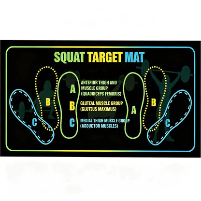 Black Fitness Essentials squat mat with foot position markers, non-slip surface, designed for squats, leg exercises, and knee support.