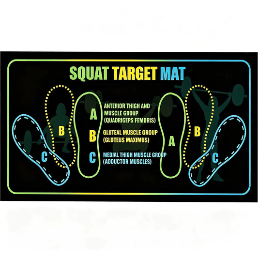 Black Fitness Essentials squat mat with foot position markers, non-slip surface, designed for squats, leg exercises, and knee support.