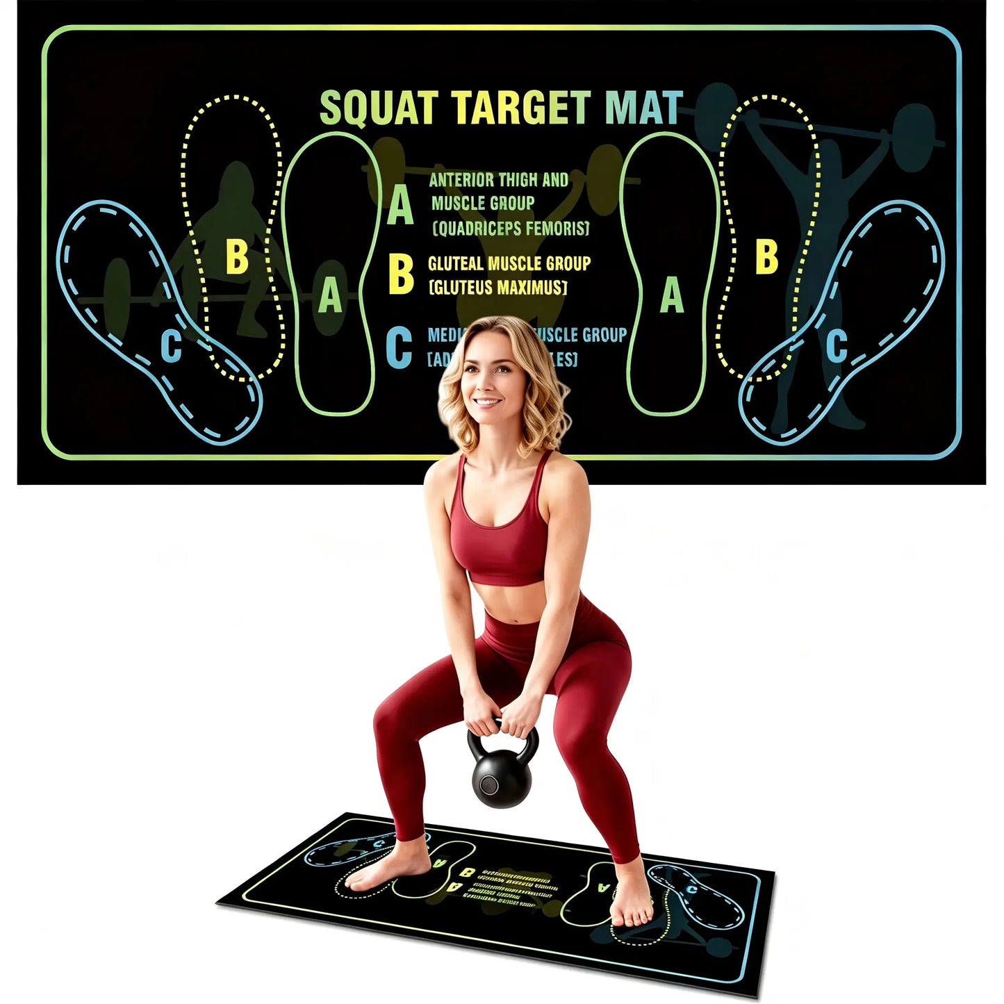 Black Fitness Essentials squat mat with foot positioning, non-slip surface, suitable for squats and leg exercises at home gym.