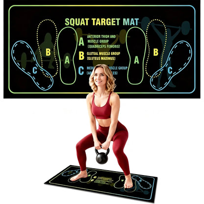 Black Fitness Essentials squat mat with foot positioning, non-slip surface, suitable for squats and leg exercises at home gym.