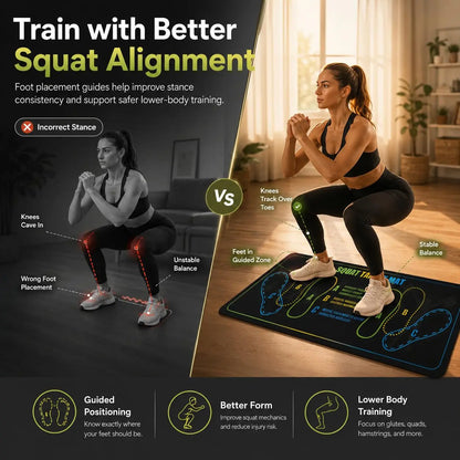 Black Fitness Essentials squat mat with foot position guides, non-slip surface, for squats, leg exercises, and knee support.