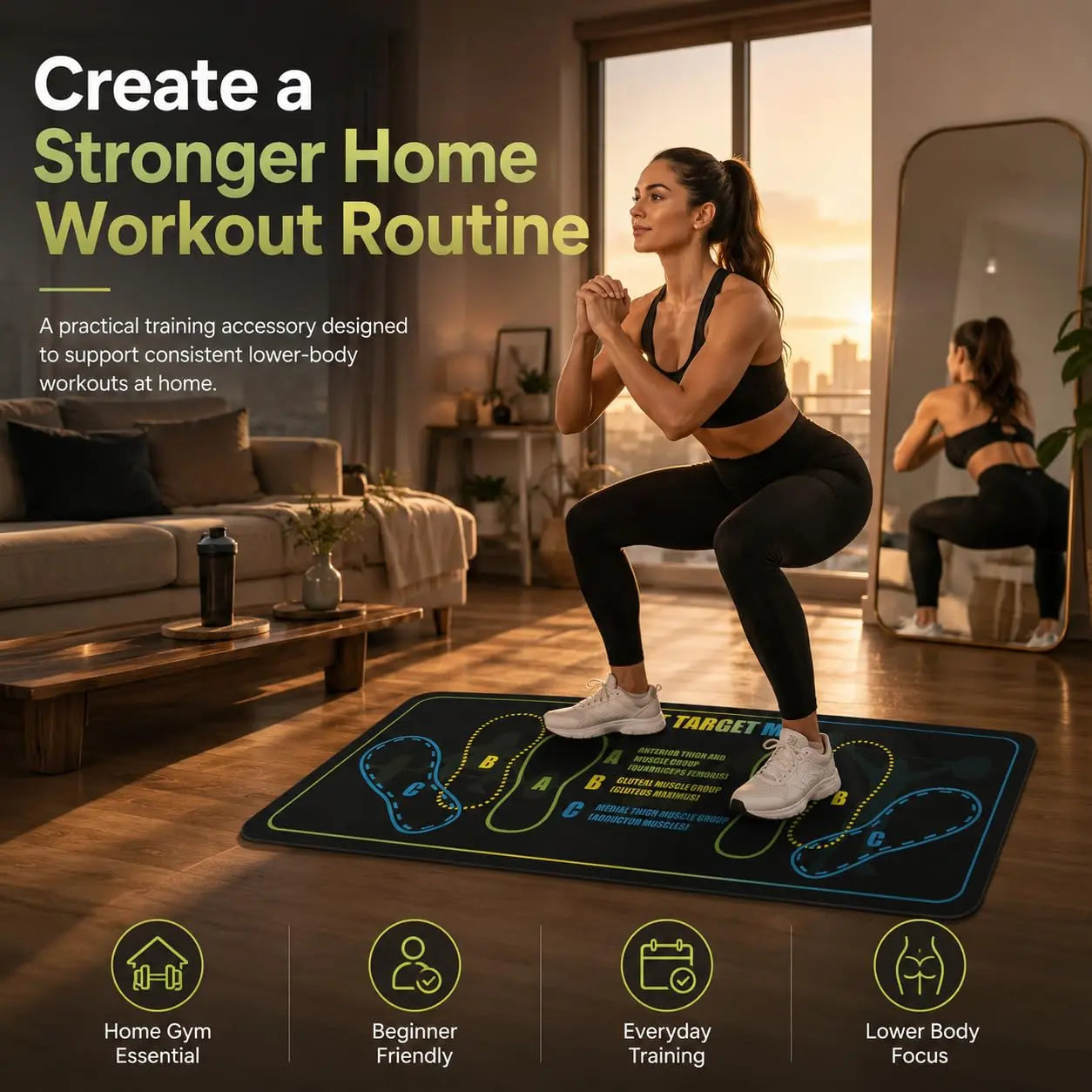 Fitness Essentials black squat mat with foot position, non-slip surface, ideal for squats, leg exercises, and knee support in home gyms.