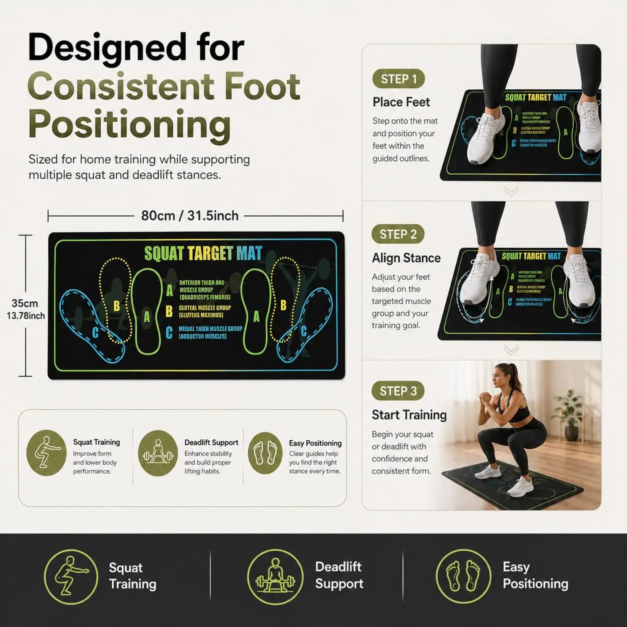 Fitness Essentials black squat mat with foot position, non-slip surface, ideal for squats and leg exercises, 30x13.8 inches.