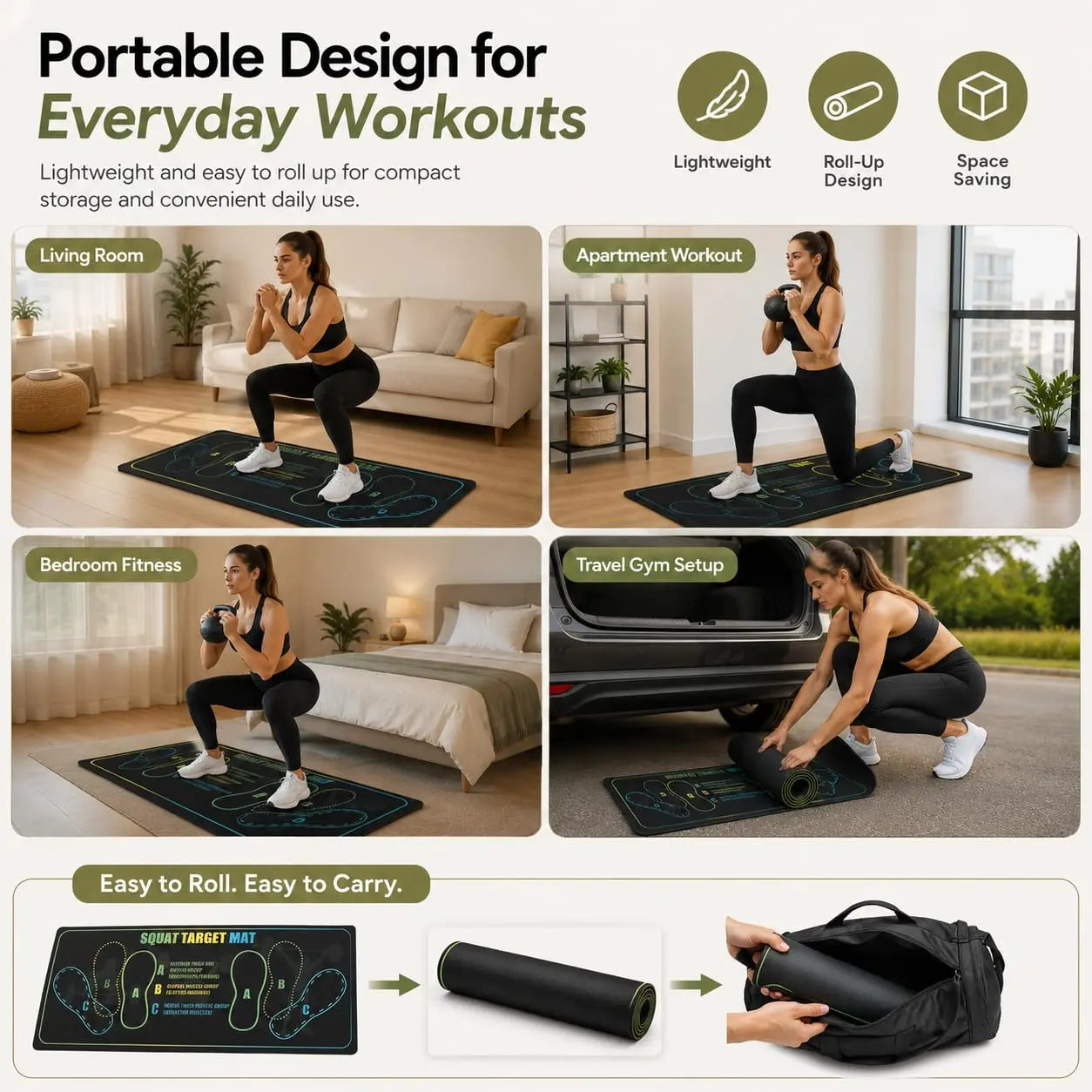 Fitness Essentials black squat mat with foot position markings, non-slip surface, for squats, leg exercises, and knee support.