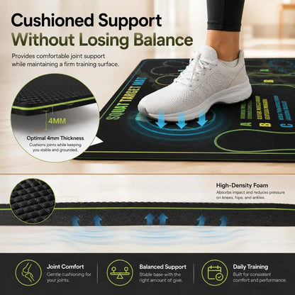 Black Fitness Essentials squat mat with foot position markers, non-slip surface, 30x13.8 inch home gym workout pad for squats and leg exercises.