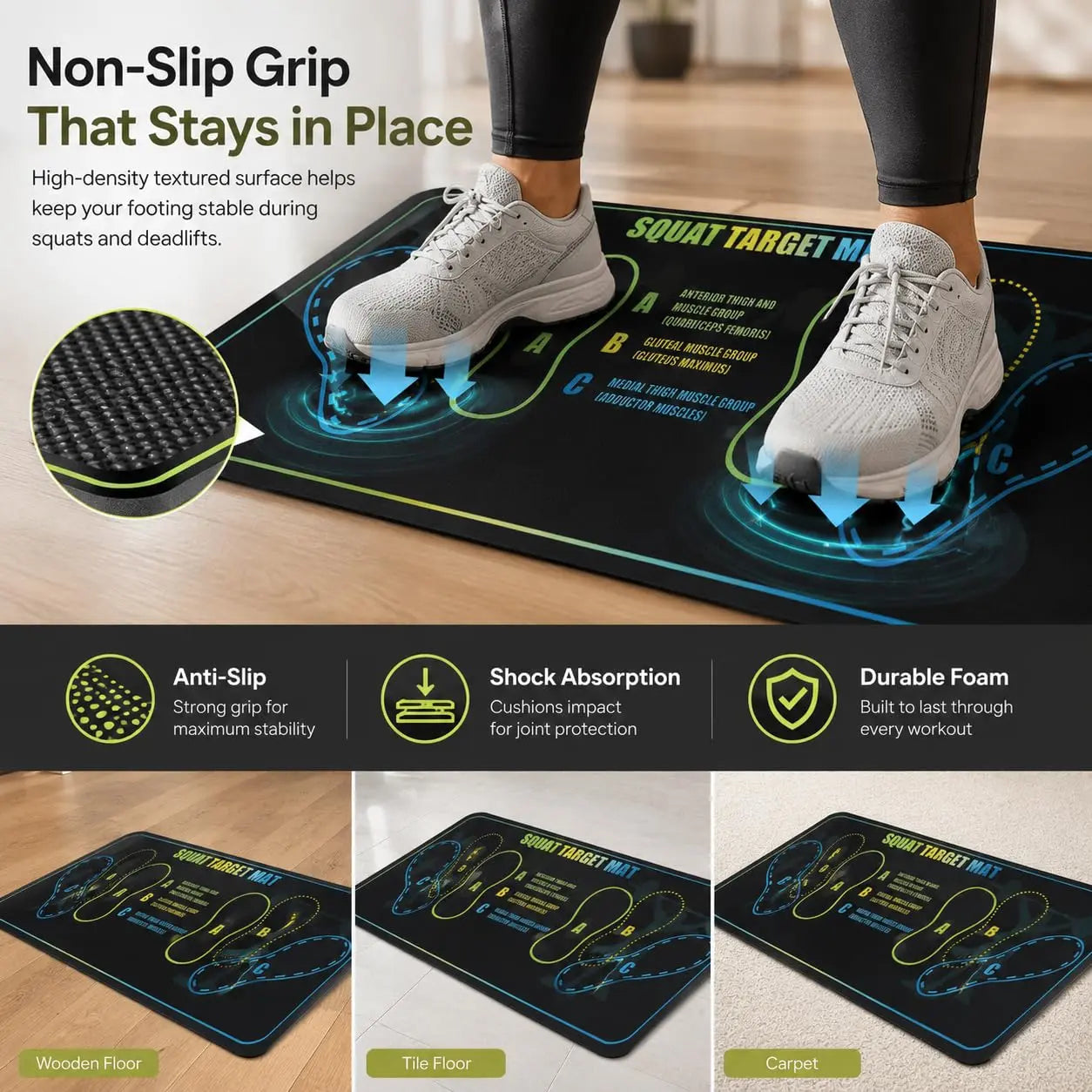 Black Fitness Essentials squat mat with foot position guides, non-slip surface, knee support, and size 30x13.8 inches for home gym workouts.