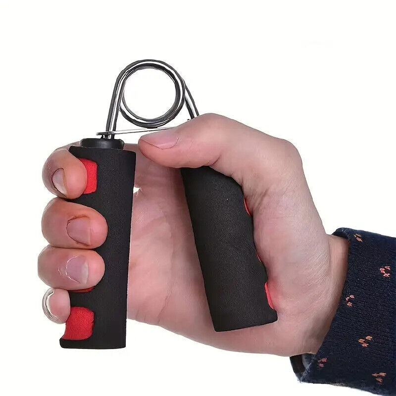 Set of three blue hand grip strength trainers by Fitness Essentials for grip and forearm strengthening exercises.