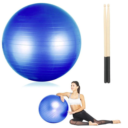 Blue cardio drumming equipment set with balance ball, pump, and 3.2oz sticks for workouts, Pilates, yoga, and pregnancy exercises.