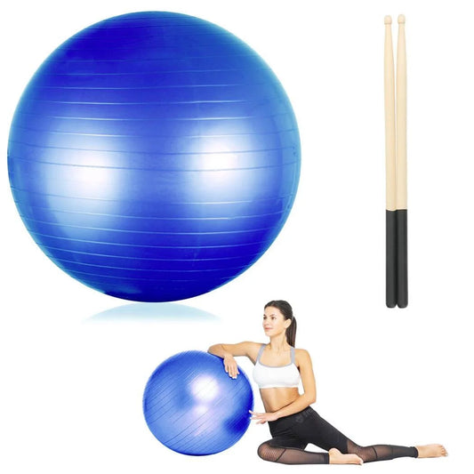 Blue cardio drumming equipment set with balance ball, pump, and 3.2oz sticks for workouts, Pilates, yoga, and pregnancy exercises.