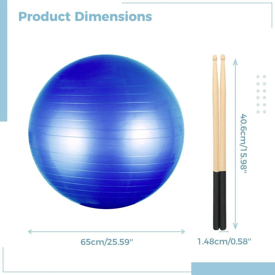 Fitness Essentials cardio drumming equipment set with blue balance ball, pump, and 3.2oz sticks for workouts, Pilates, yoga, and pregnancy exercises.