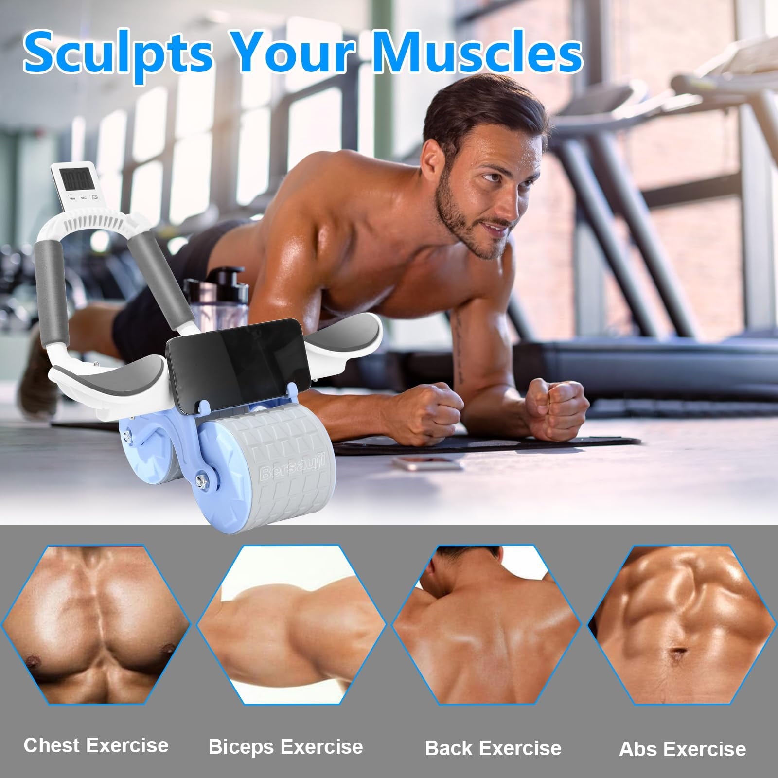 Blue Fitness Essentials Ab Roller with Timer for core strengthening and faster 6-pack achievement, featuring durable construction.