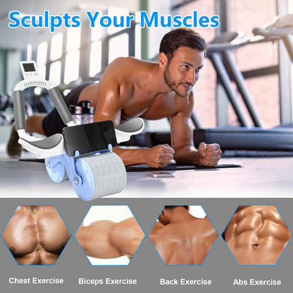 Blue Fitness Essentials Ab Roller with Timer for core strengthening and faster 6-pack achievement, featuring durable construction.