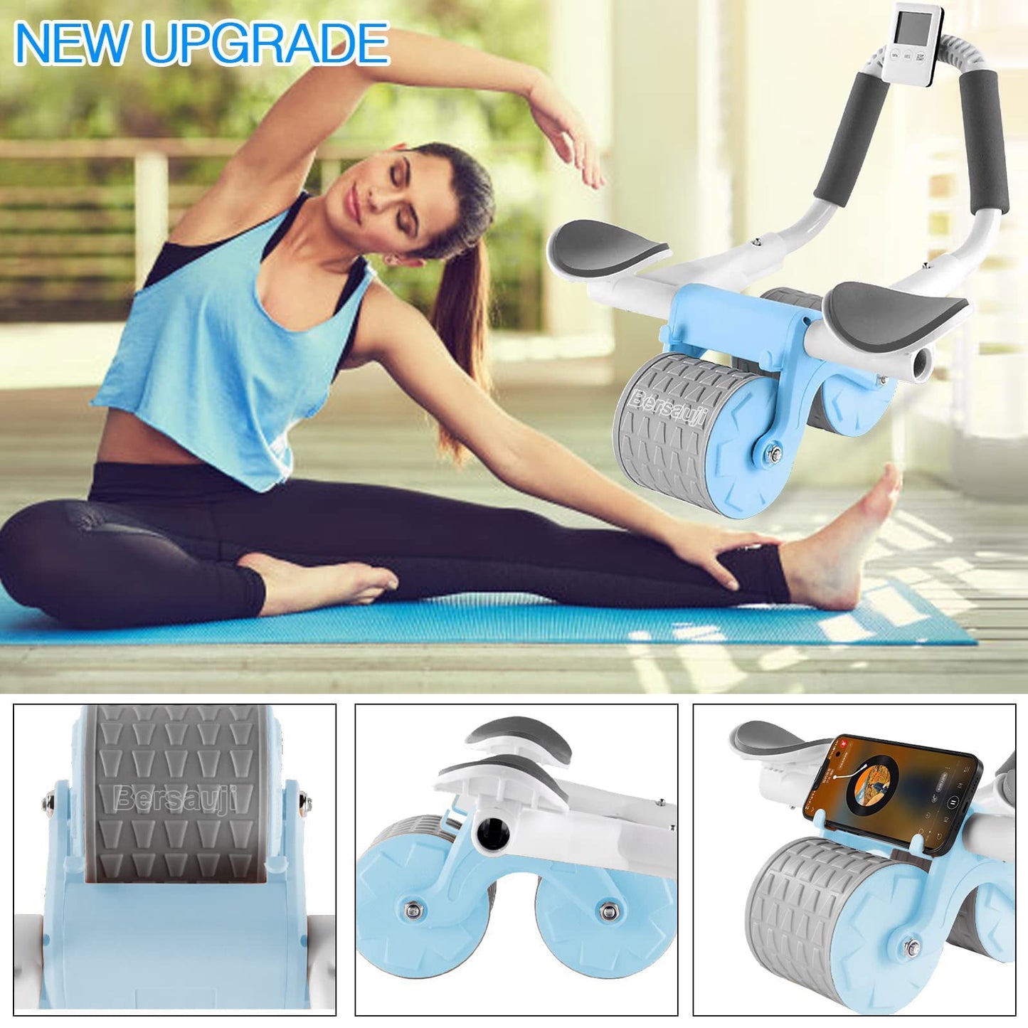 Fitness Essentials blue ab roller with timer for core strengthening and six-pack fitness, shown on a clean gym floor.