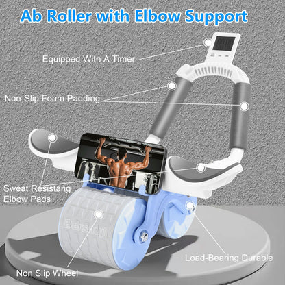 Blue Fitness Essentials Ab Roller with Timer for core strengthening and developing six-pack abs during workouts.