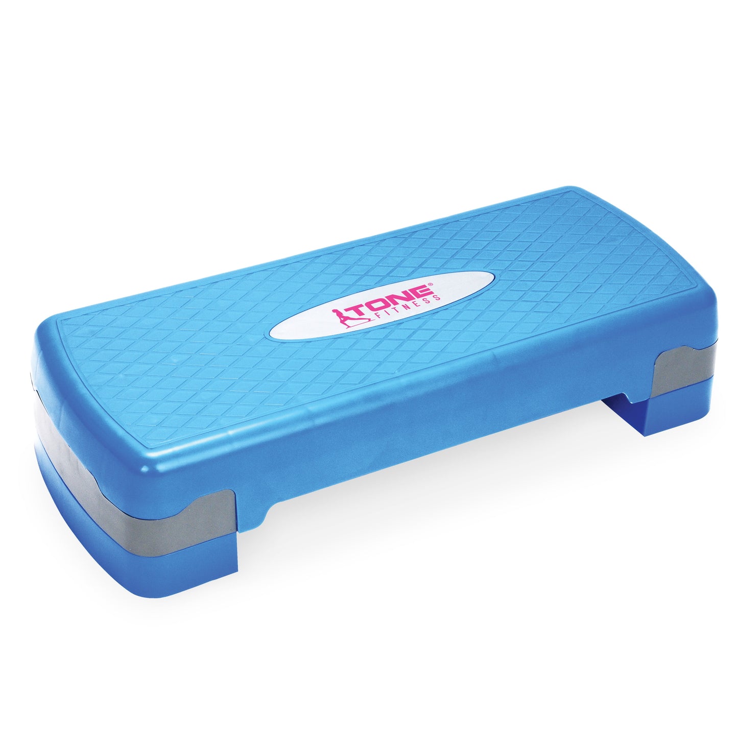 Blue and white aerobic stepper from Fitness Essentials with non-slip surface and adjustable height for cardio workouts.