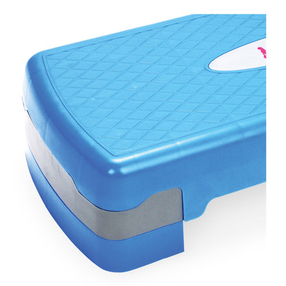 Blue and white aerobic stepper from Fitness Essentials, with textured surface and adjustable height for cardio workouts.
