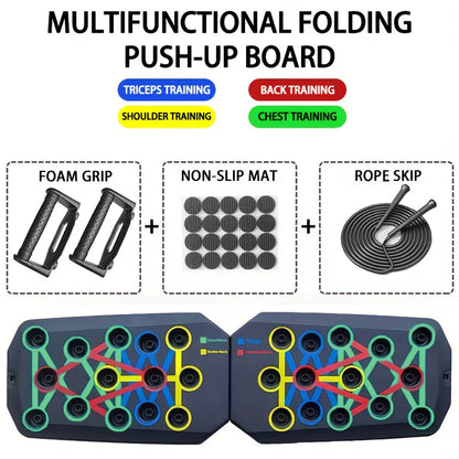 Fitness Essentials portable multifunctional push-up board set with jump rope for chest, abdomen, arms, and back training.
