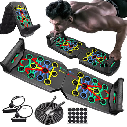 Portable Fitness Essentials push-up board set with jump rope for comprehensive chest, arms, abdomen, and back workout training.