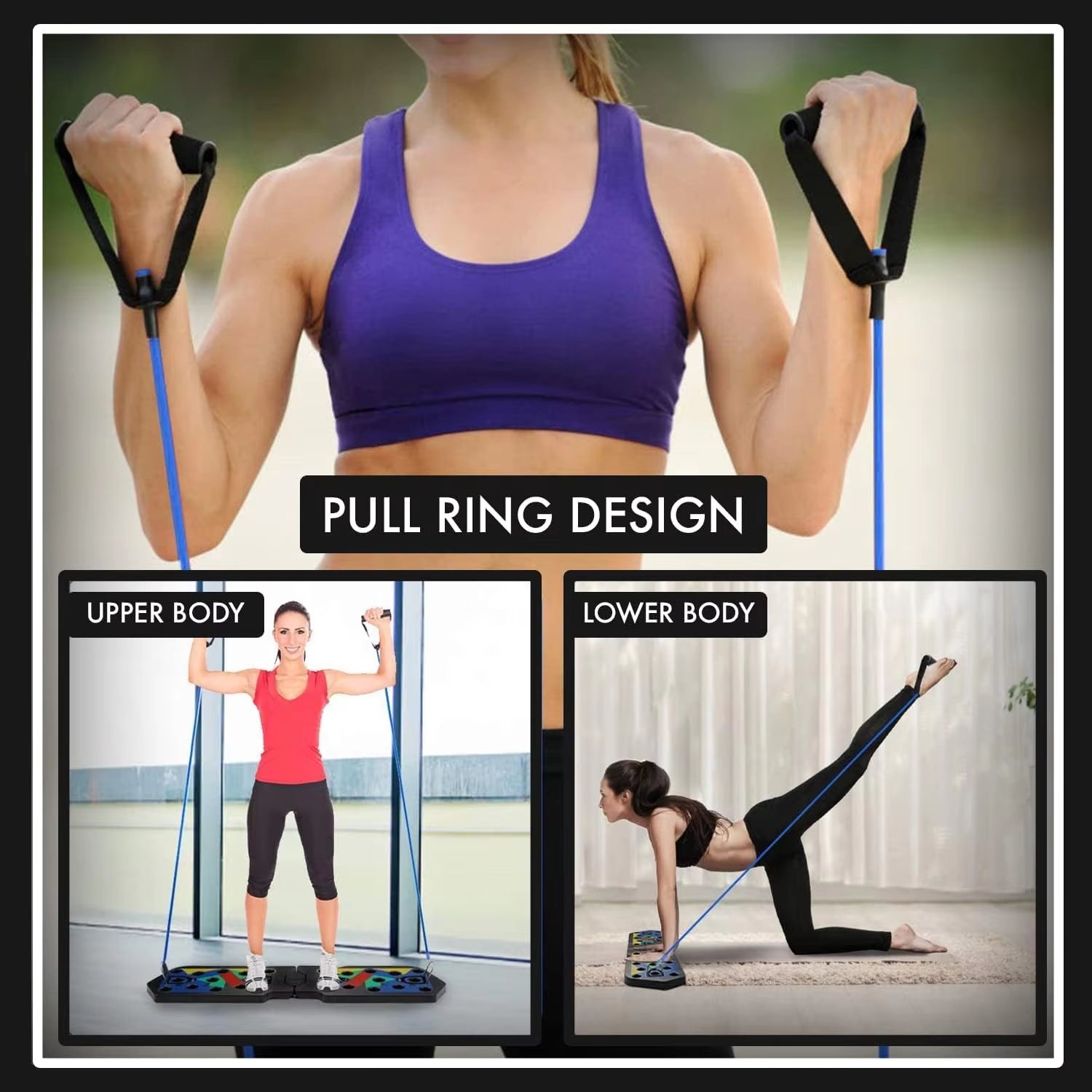 Portable Fitness Essentials push-up board set with jump rope, designed for chest, abdomen, arms, and back training.