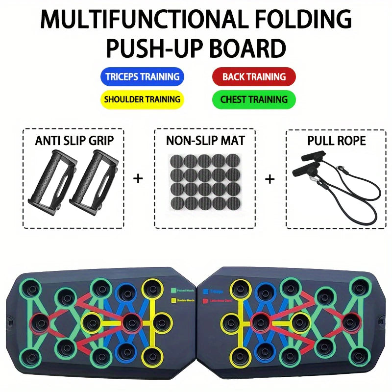 Portable Fitness Essentials push-up board set with multiple color-coded positions for chest, arms, back, and core training.