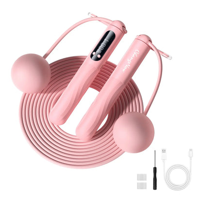 Pink CHANGENOW cordless jump rope with large LED display and high-precision chip, ideal for home workouts and fitness training.