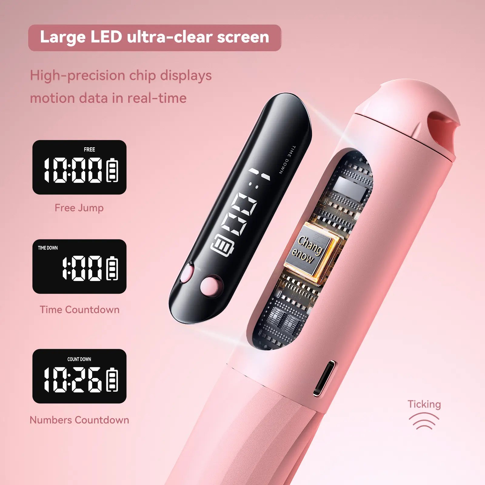 Pink CHANGENOW cordless jump rope with large LED display, high-precision chip, and cordless ball for home fitness workouts.