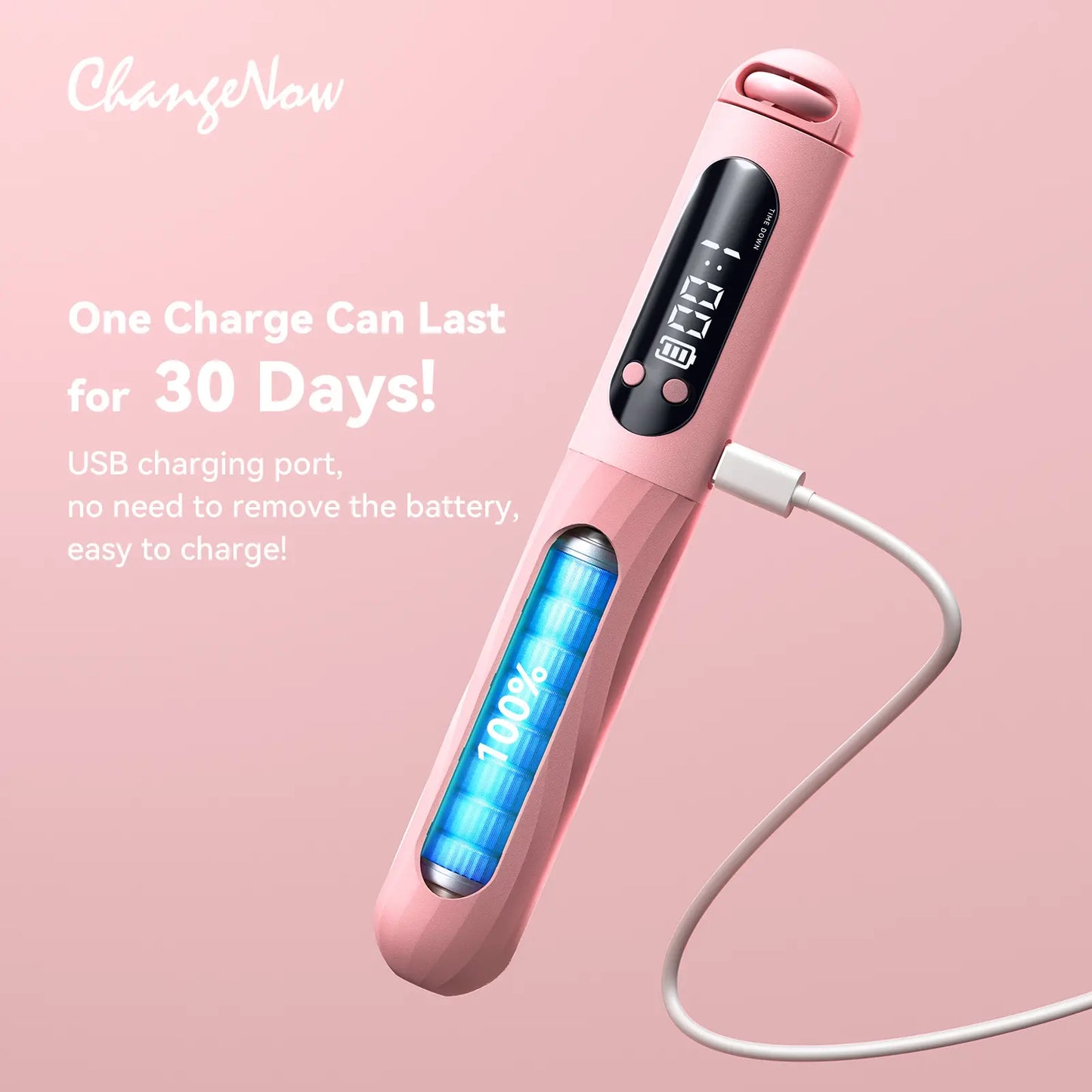 Pink CHANGENOW cordless jump rope with large LED display and high-precision chip, ideal for home workout fitness training.