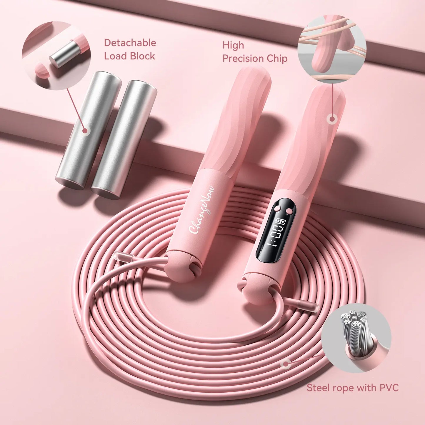 Pink CHANGENOW cordless jump rope with LED display, high-precision chip, and cordless ball for home workout fitness.