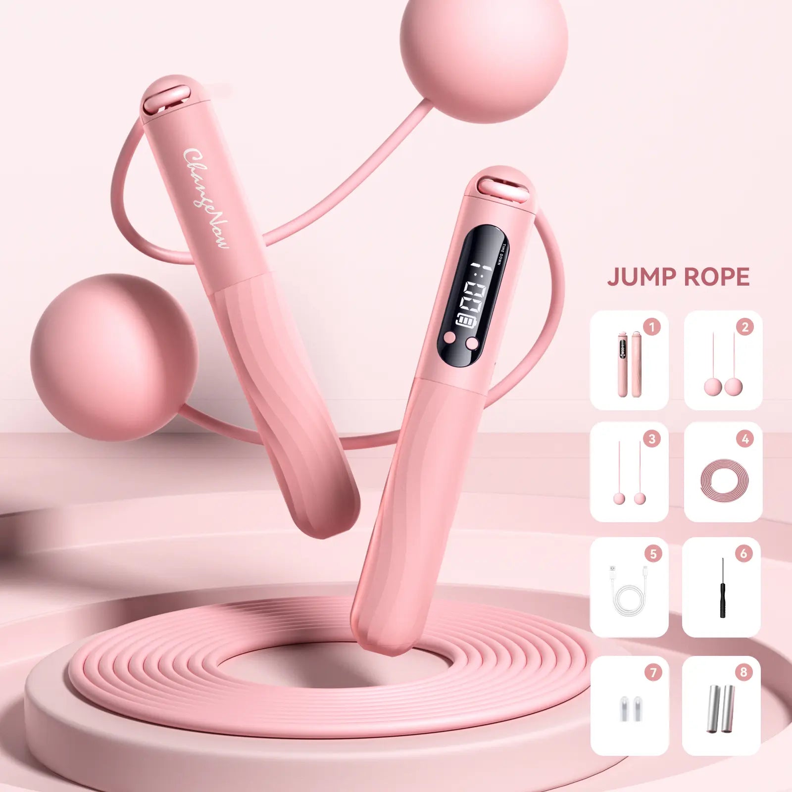 Pink CHANGENOW cordless jump rope with large LED display, high-precision chip, and optional cordless ball for home fitness workouts.