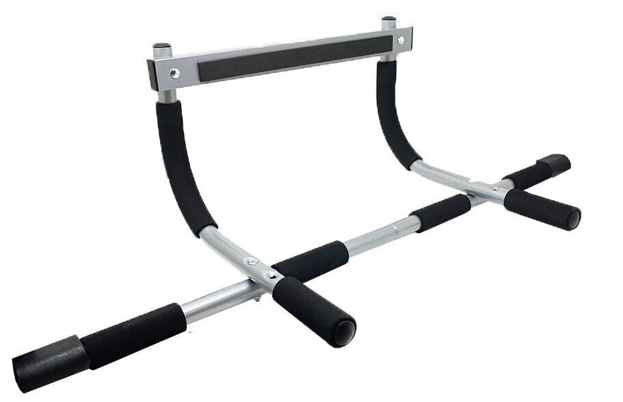 Fitness Essentials doorway chin-up bar and pull-up bar for home gym, with a person using it for upper body exercises.
