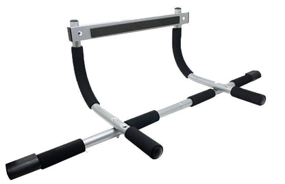 Fitness Essentials doorway chin-up bar and pull-up bar for home gym, with a person using it for upper body exercises.