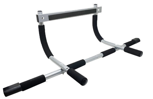 Fitness Essentials doorway chin-up bar and pull-up bar for home gym, with a person using it for upper body exercises.