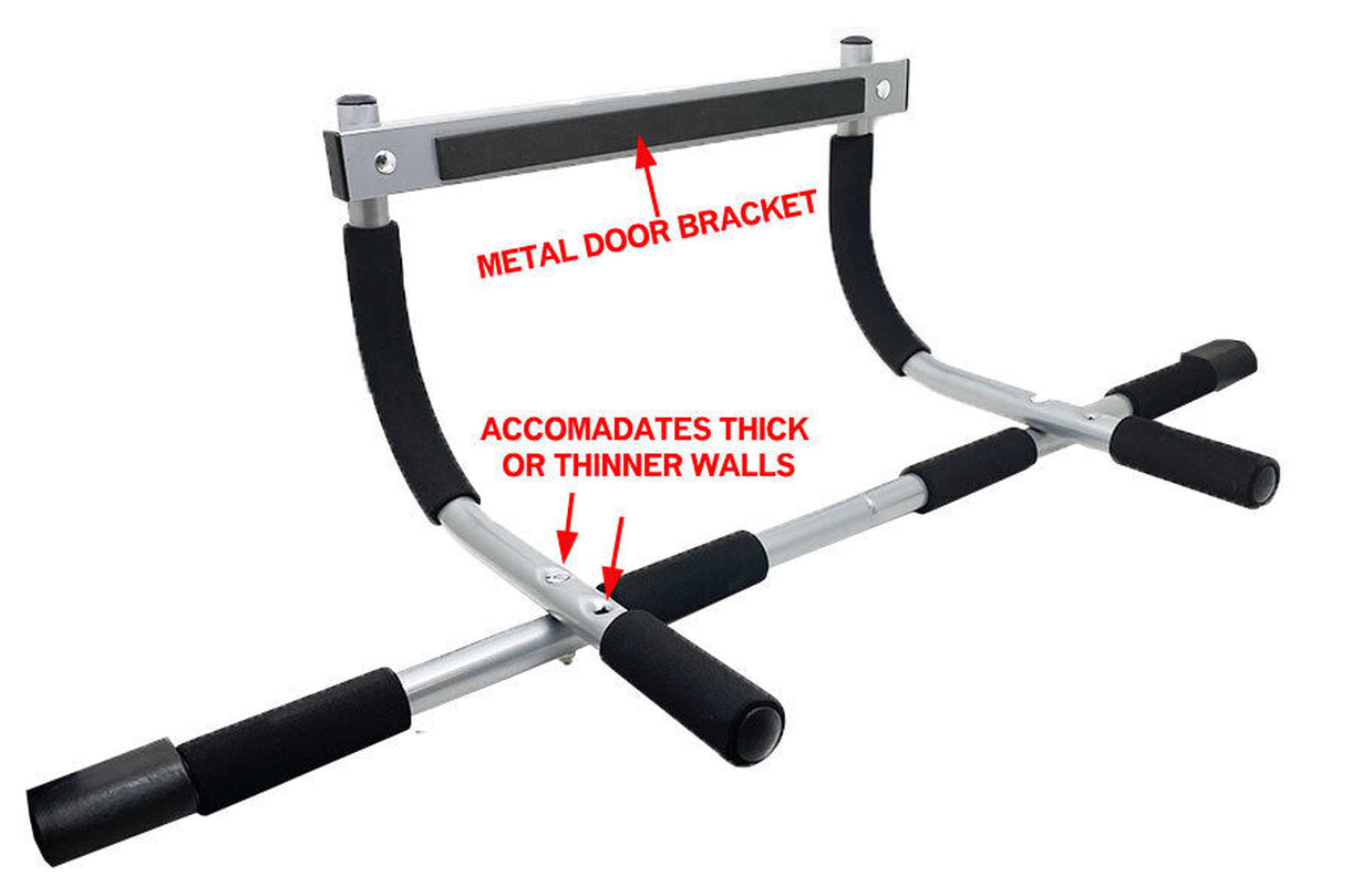 Fitness Essentials doorway chin-up and pull-up bar for home gym, mounted on doorframe with handles for various upper body exercises.