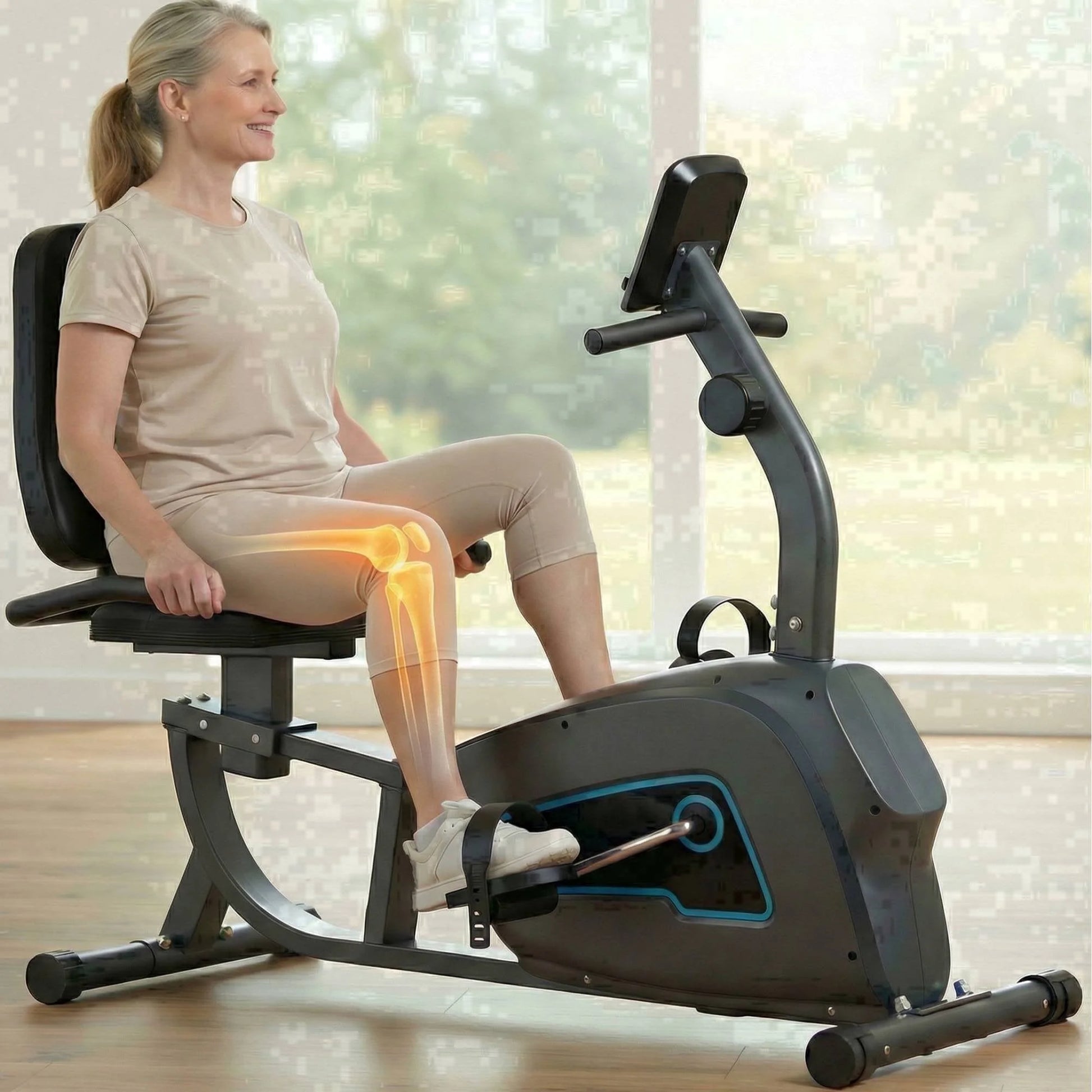 Fitness Essentials indoor recumbent exercise bike with adjustable seat, 8 resistance levels, and seat height adjustment.