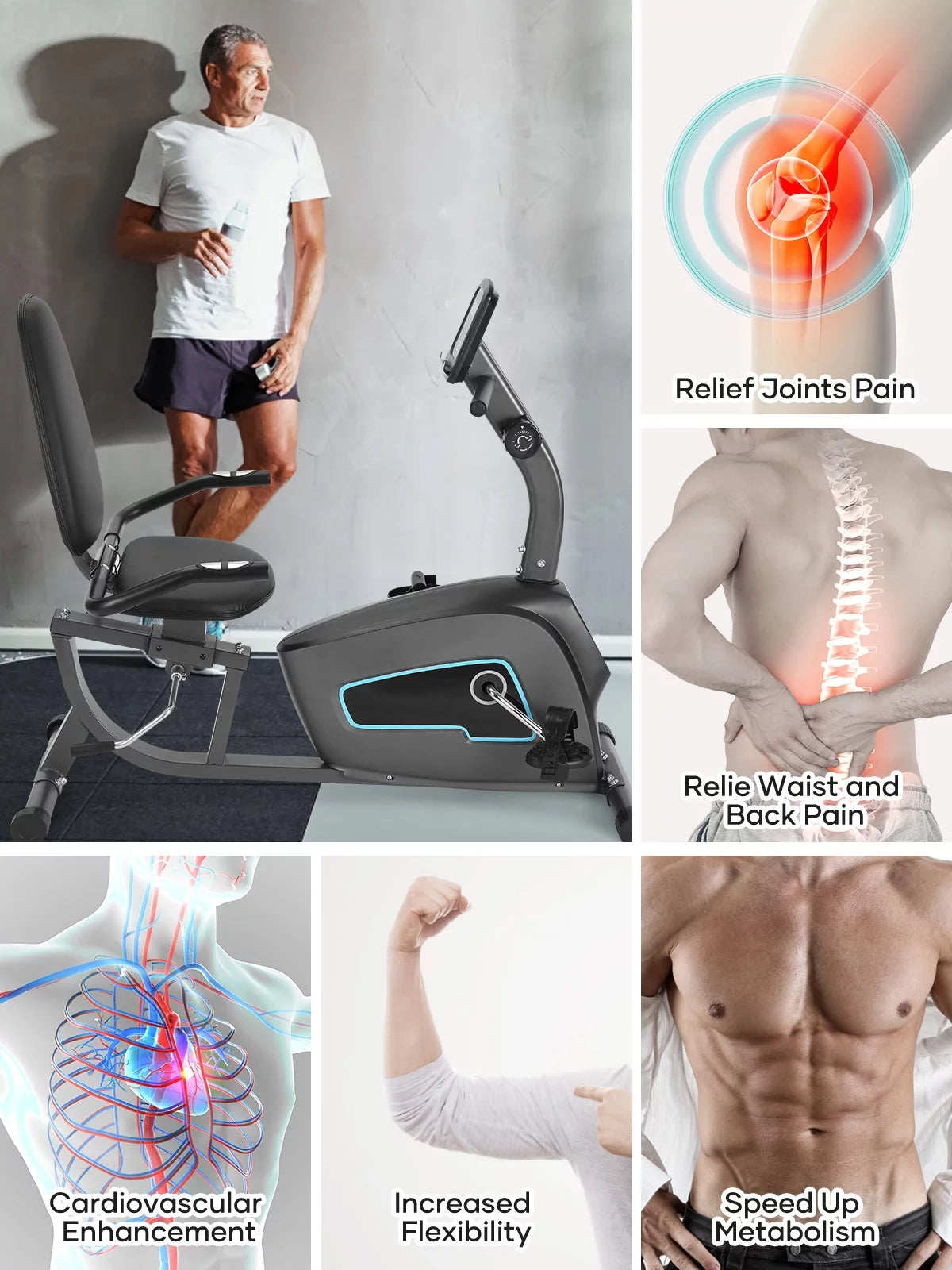 Fitness Essentials indoor recumbent exercise bike with adjustable seat, 8 resistance levels, and seat height adjustment for comfortable workouts.
