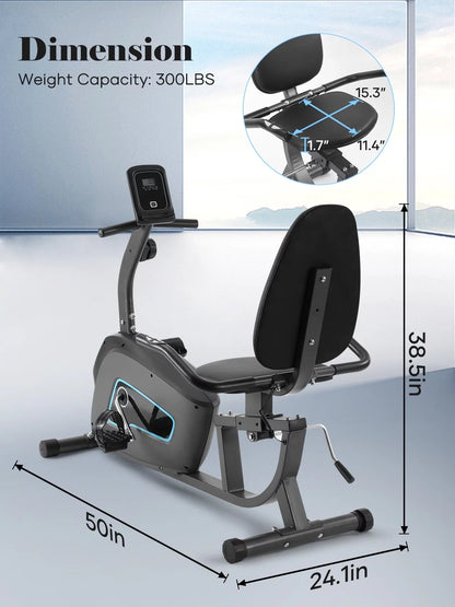 Fitness Essentials indoor recumbent exercise bike with adjustable seat, 8 resistance levels, and seat height adjustment for comfortable workouts.